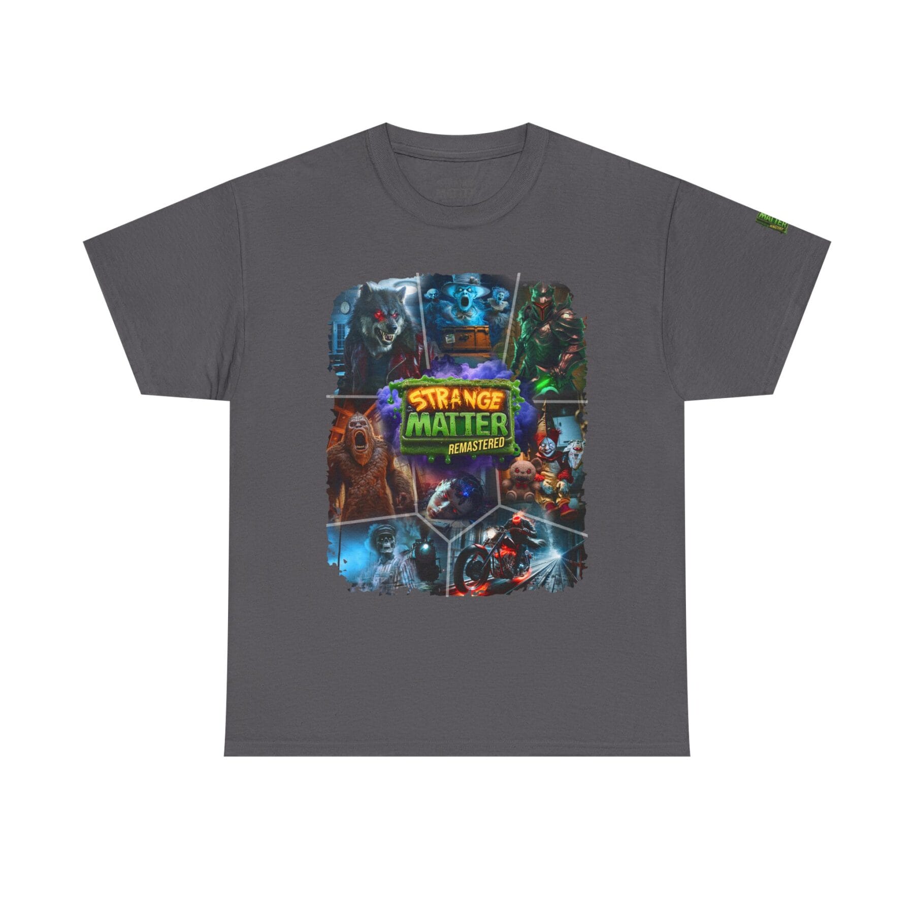 Adult Heavy Cotton Tee - Strange Matter Remastered Collage - Perfect for YA horror and Action fans - Charcoal, 3XL